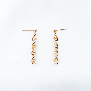 DNA helix gold pendant earrings on white background