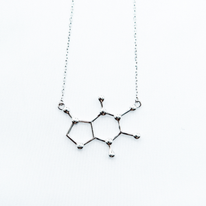 925 sterling silver caffeine molecule necklace with adjustable chain, on white background