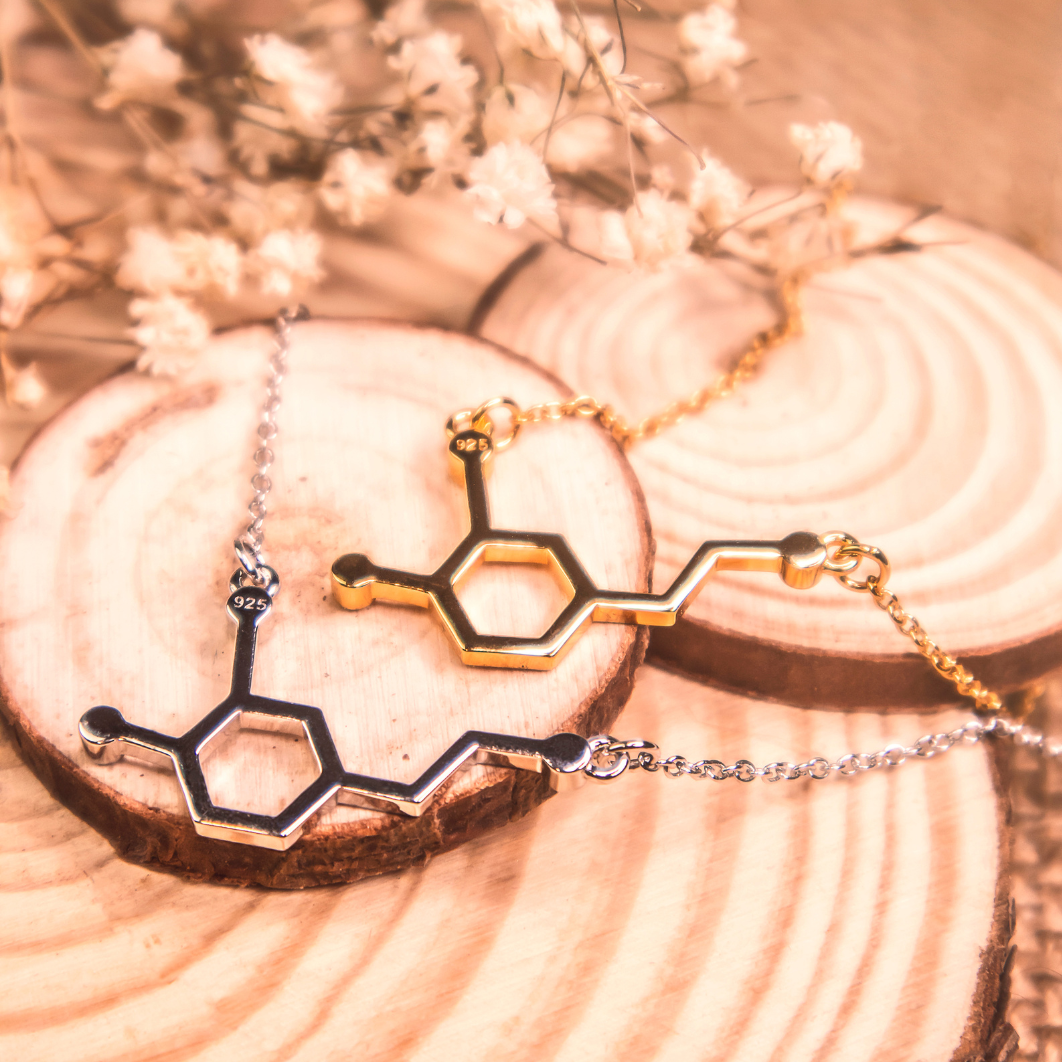 Gold and silver dopamine molecule necklaces