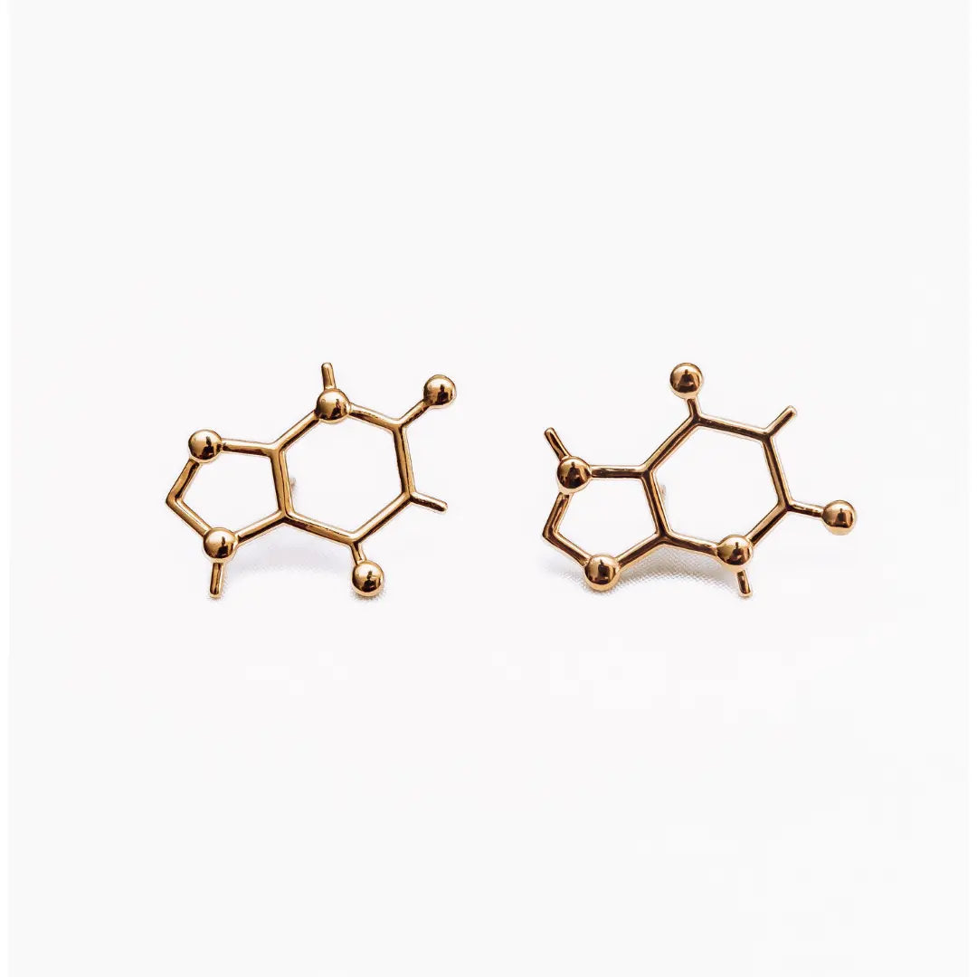 Caffeine molecule earrings in gold - science inspired jewellery for coffee lovers 