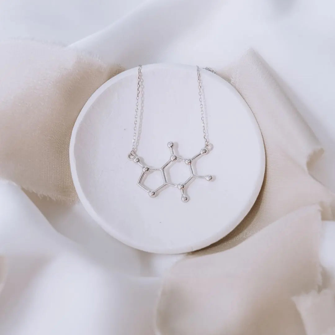 Caffeine molecule necklace in silver - chemistry inspired jewellery gift for coffee lovers 