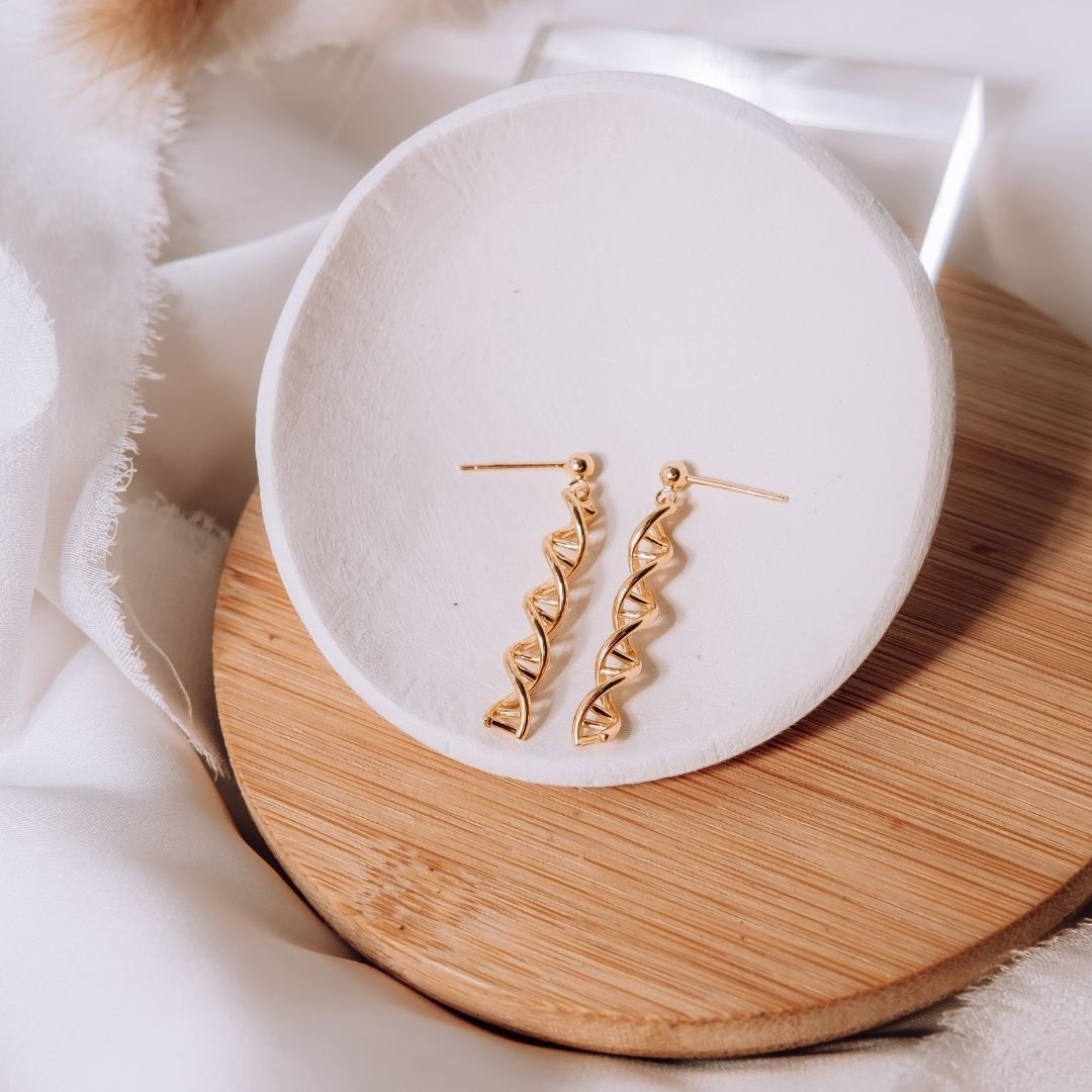 Gold DNA helix earrings | Unique gold helix jewellery for science fans and gift seekers
