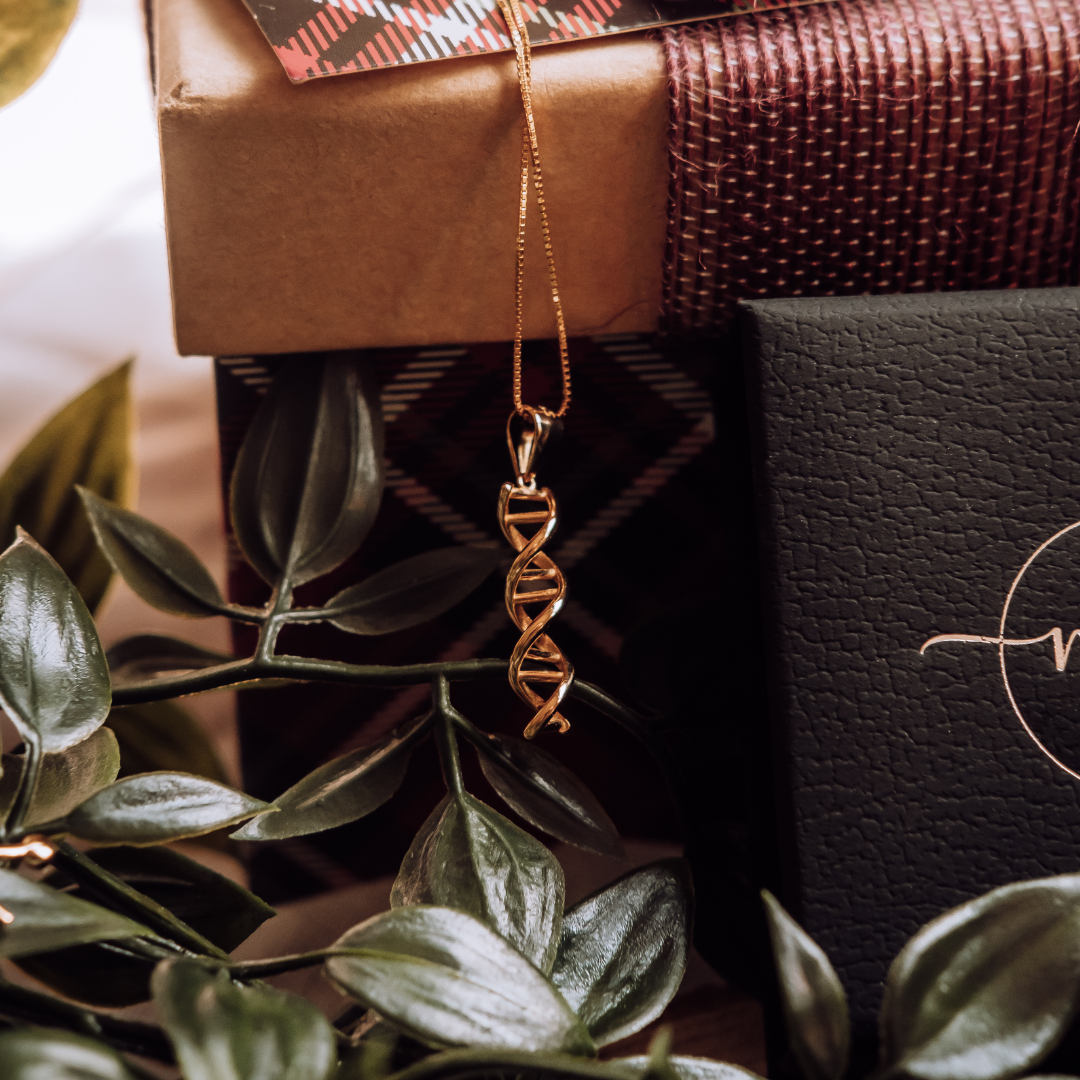 DNA double helix necklace in gold with Christmas box - chemistry inspired jewellery gift for science lovers | My Chemical Gift