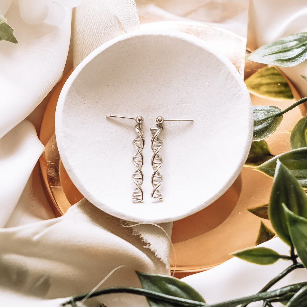 DNA double helix earrings in silver - chemistry inspired jewellery gift for science lovers | My Chemical Gift